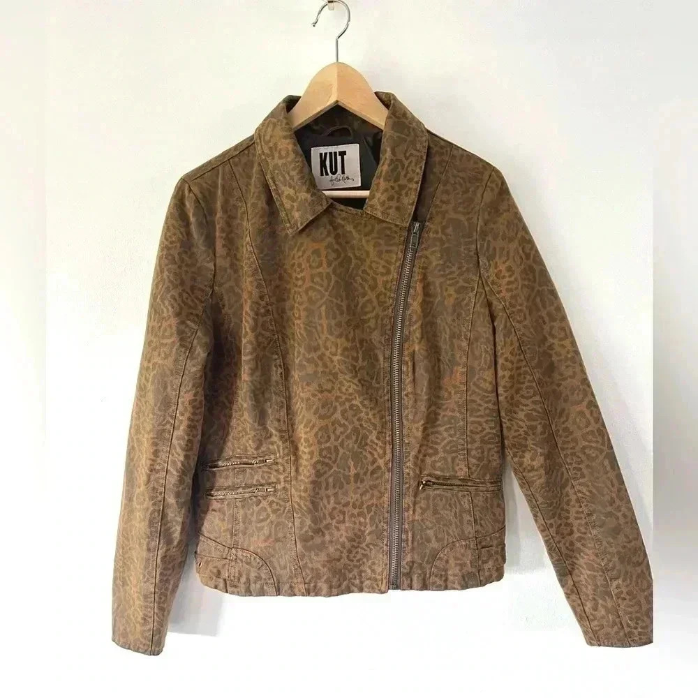 Kut From The Kloth Leopard Print Full Zip Cotton‎ Blend Moto Jacket